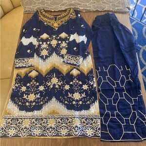 Navy Blue Embroidered Kurta Set with Gold & White Accents